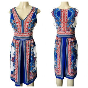 DRESS BARN | Blue White Colorful Stretch Knit V-neck, Empire Waist Dress Size 12